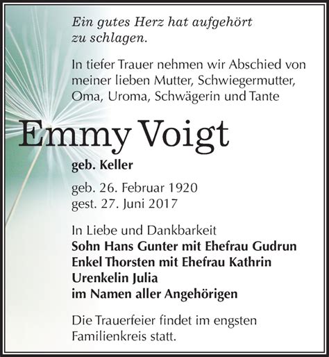 Traueranzeigen Von Emmy Voigt Abschied Nehmen De