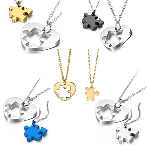 Pcs Couples Stainless Steel Heart Puzzle Pendant Necklace Valentine S