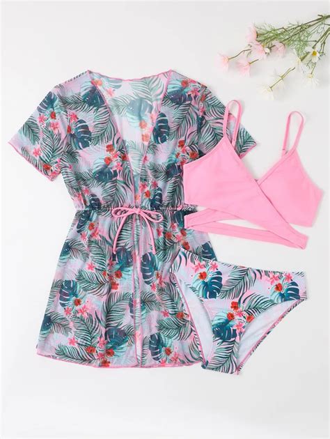 Shein Teen Girls Tropical Print Wrap Bikini Set With Kimono Summer