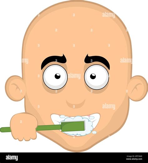 Vector Illustration Face Of A Cartoon Bald Man Brushing His Teeth With