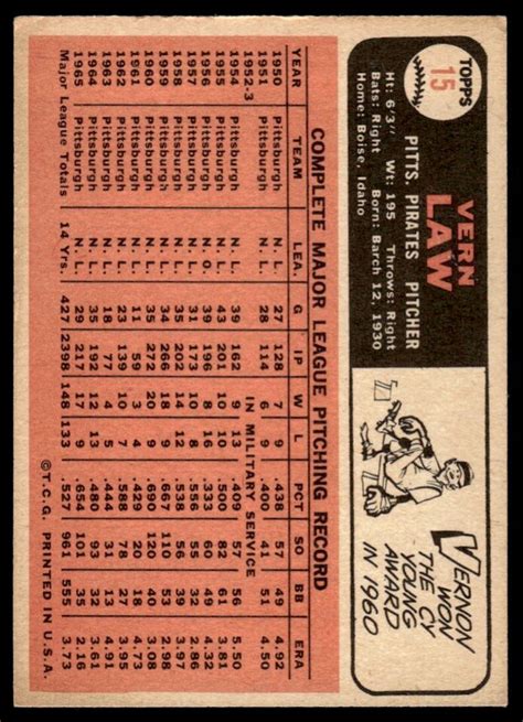 1966 Topps Vern Law Pittsburgh Pirates 15 EBay