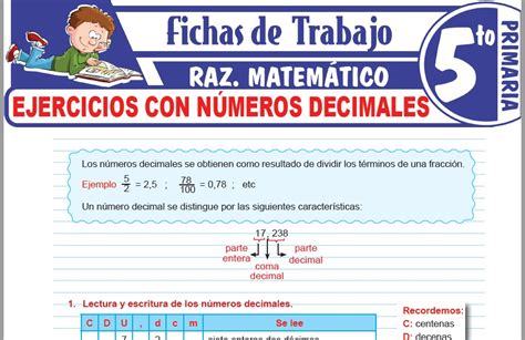 Ejercicios con números decimales para Quinto de Primaria Fichas