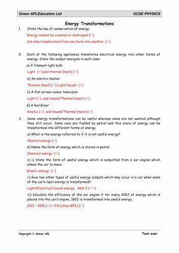 Energy Transformation Worksheet Answers Englishworksheetmyid