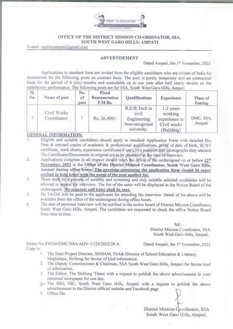 Ssa South West Garo Hills Recruitment Civil Works Coordinator