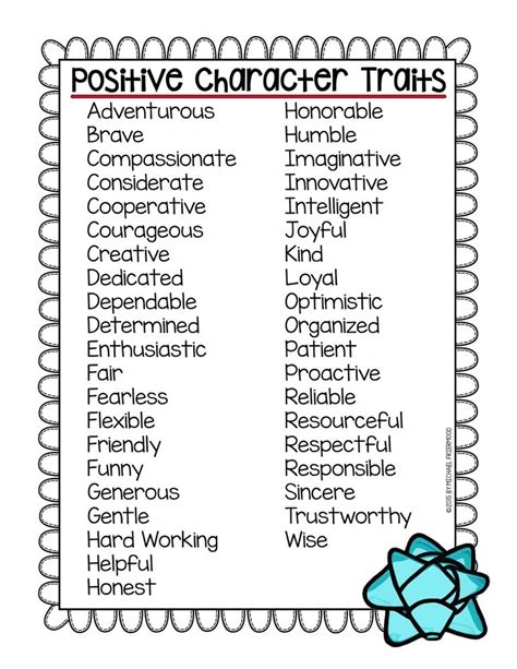 Positive Character Traits List Printable