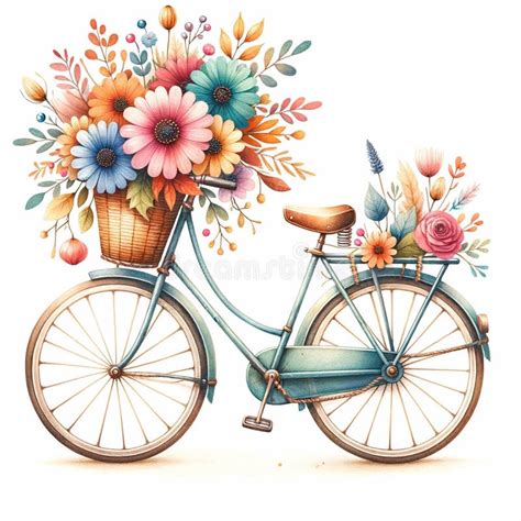 Whimsical Ride Bicycle With Flowers Watercolor Clip Art Stock