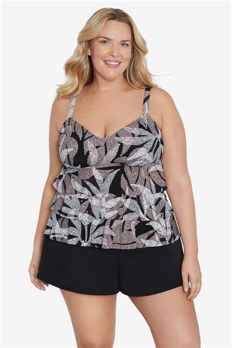 Shapesolver By Penbrooke Plus Size Triple Tier Tankini Dot Leaf Me