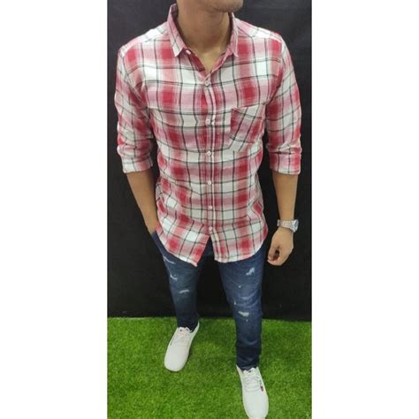 Checks Collar Neck Men Stylish Check Cotton Shirt Machine Wash Hand