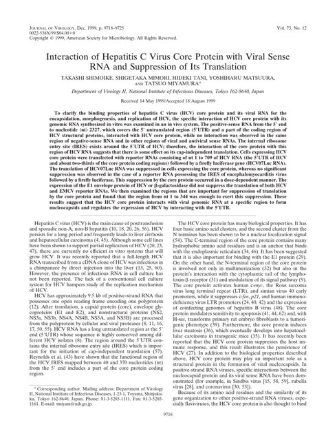 PDF Interaction Of Hepatitis C Virus Core Protein With Viral Sense