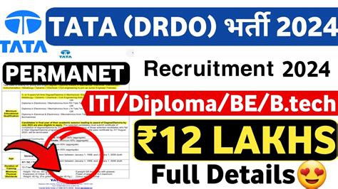 Tata DRDO Recruitment 2024 CTC 12 LPA ITI Diploma BE B Tech