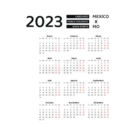 Mexico Calendar 2023 Week Starts From Monday Vector Graphic Design