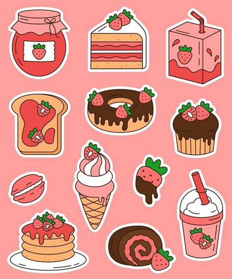 Cute Sticker Set With Strawberry Desserts And Drinks Isolated On White