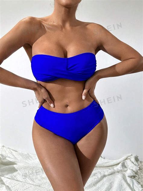 SHEIN SHEIN Swim Basics Twist Bandeau High Waisted Bikini Swimsuit