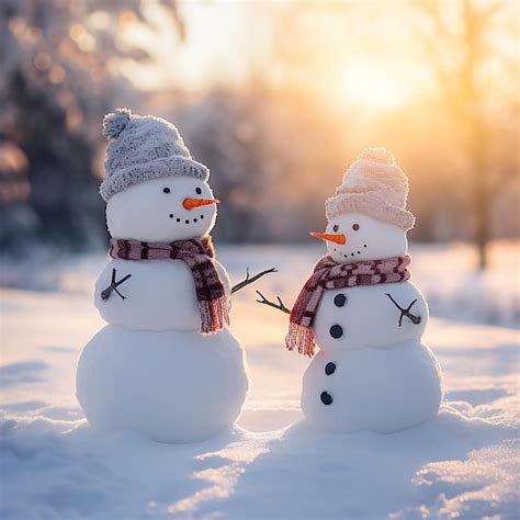 Zwei schneemänner stehen nebeneinander im schnee Premium Foto