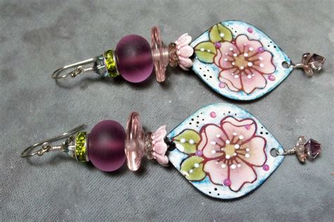 Enameled Floral Charms Glass Lampwork Beaded Earrings Artisan Enamel Charm Earrings Organic