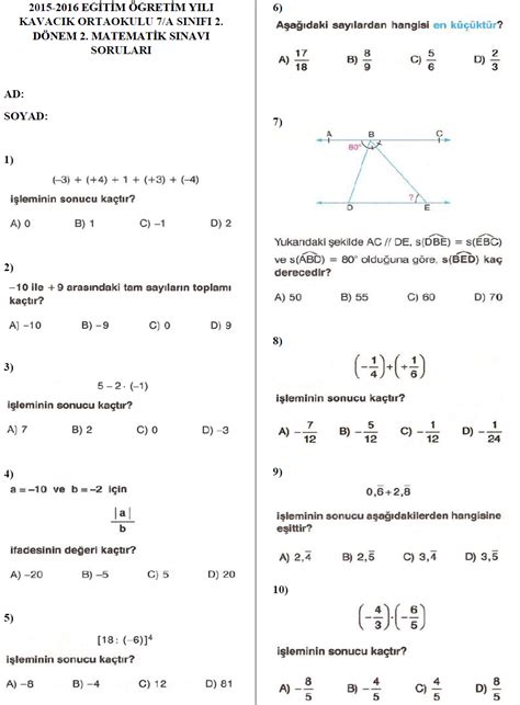 7 SINIF MATEMATİK 2 DÖNEM 2 YAZILI SORULARI CEVAPLARI 2016 2017 2018