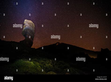 Roque Cinchado And Teide Vulcano With Starry Sky Night Shot Los