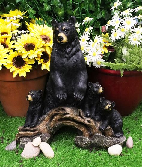 Large Rustic Forest Protective Mother Black Bear With 3 Cubs Statue