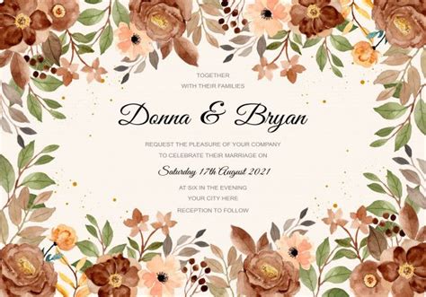 Wedding Invitation Template With Brown Floral Watercolor