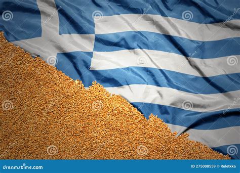 Wheat Grain On The Waving Colorful National Flag Of Greece Macro Shot