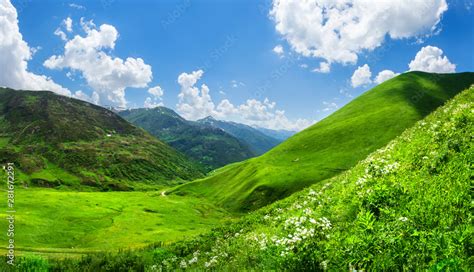 Beautiful Green Mountain Valley Scenic Grassy Mountains Summer Day In