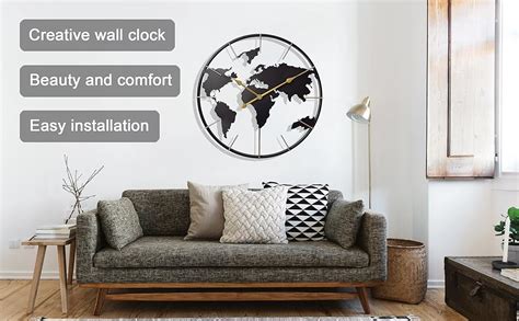 Keqam Large World Map Wall Clock Metal Minimalist Modern Clock Round Silent Non