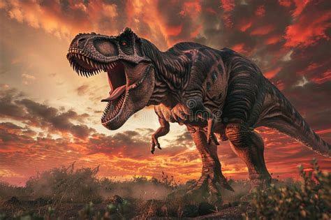 Tyrannosaurus Rex Roaring With Rising Sun In Wild Nature Stock Image