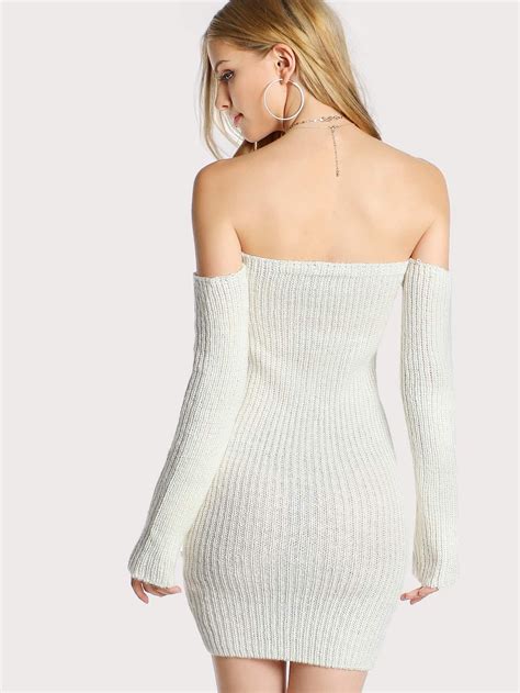 Off Shoulder Long Sleeve Sweater Dress WHITE SheIn Sheinside