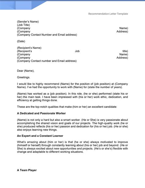 Word Recommendation Letter Template