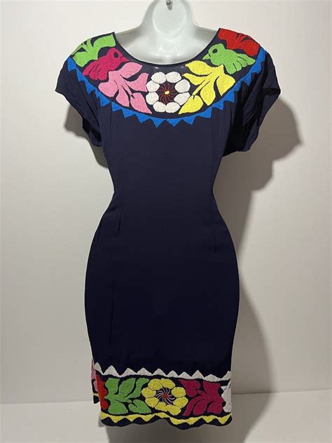 Mexican Floral Embroidered Tunic Dress Size M Gem