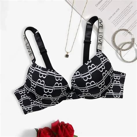 Plusgalpret Women Push Up Bra Letter Print Rhinestone Seamless Padded