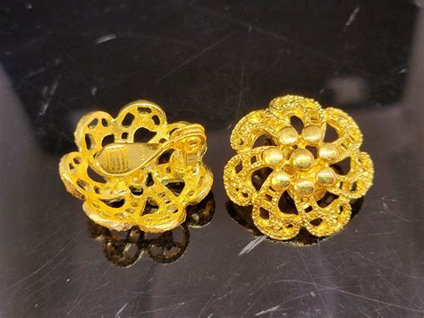 Monet Gold Filigree Flower Clip On Earrings Gold Flower Earrings Non