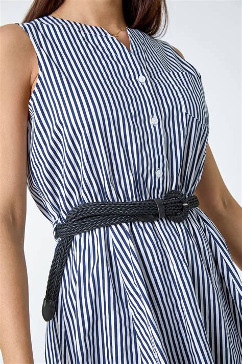 Navy Stripe Print Belted Cotton Stretch Dress Roman Uk