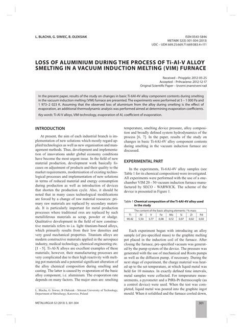 Pdf Loss Of Aluminium During The Process Of Ti Al V Alloy Smelting In