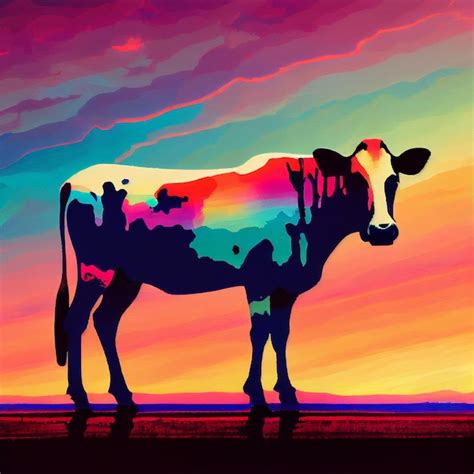 Vaca De Colores Brillantes De Pie En Un Campo Al Atardecer Con Un Fondo