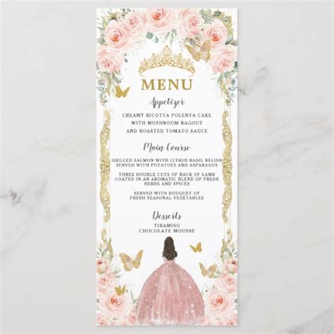 Blush Pink Floral Rose Gold Dress Quinceañera Menu Zazzle