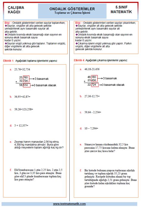 Sinif Ondalik G Ster Mler Le Toplama Ve Ikarma Lem Ali Ma