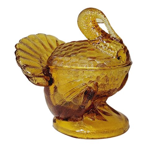 Vintage L E Smith Amber Glass Turkey Covered Candy Dish Thanksgiving Heavy