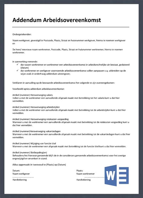 Addendum Arbeidsovereenkomst Gratis Voorbeeld Contracten