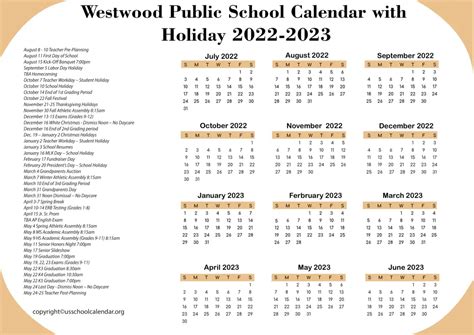 Westwood Public Schools Calendar with Holidays 2022-2023