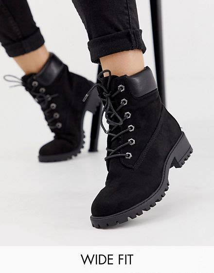 New Look Wide Fit Lace Up Flat Hiker Boot In Black Boots Womens