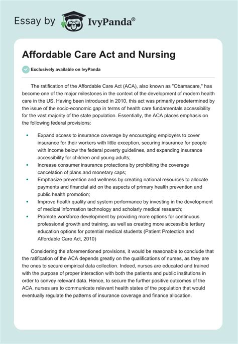 Affordable Care Act And Nursing 292 Words Essay Example