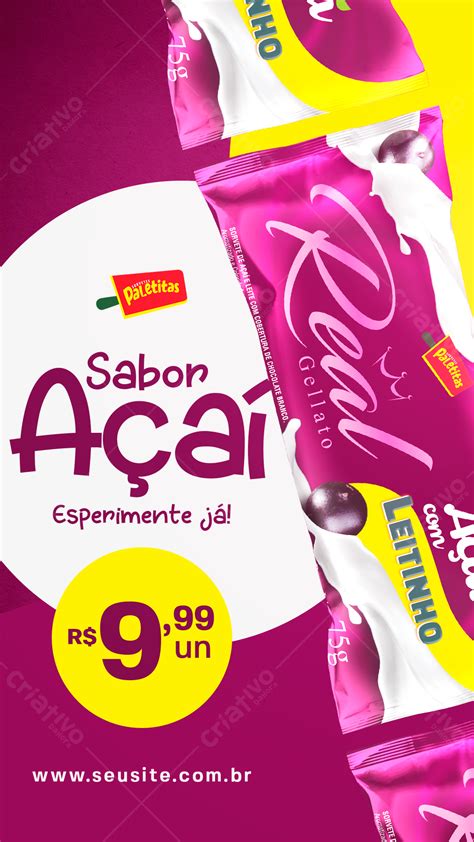 Stories Picolé Sabor Açaí Social Media Sorveteria PSD Editável 6146