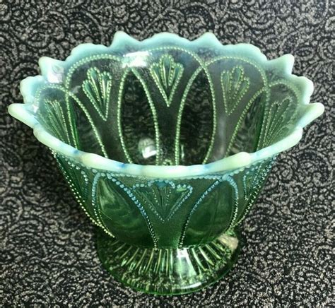 Vintage 1906 Northwood Roulette Green Opalescent Beaded Oval Footed Bowl 475h Northwood