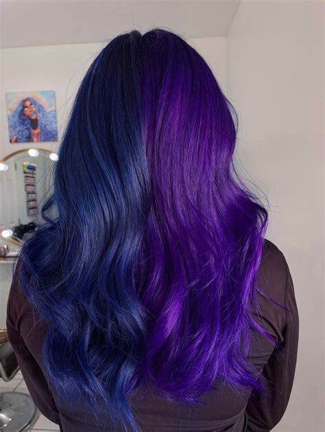 Split Dye 💜💙 In 2024 Bright Purple Hair Split Dyed Hair Dyed Hair Blue