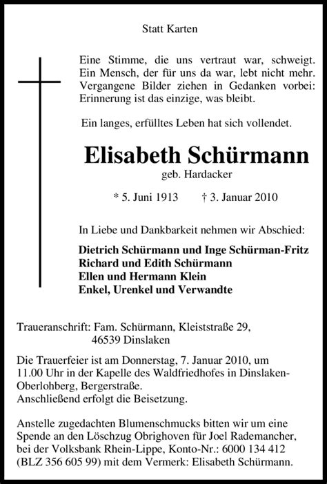 Traueranzeigen von Elisabeth Schürmann Trauer in NRW de