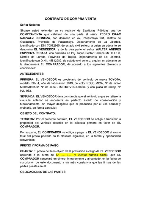 Contrato De Compra Venta Contrato De Compra Venta Señor Notario