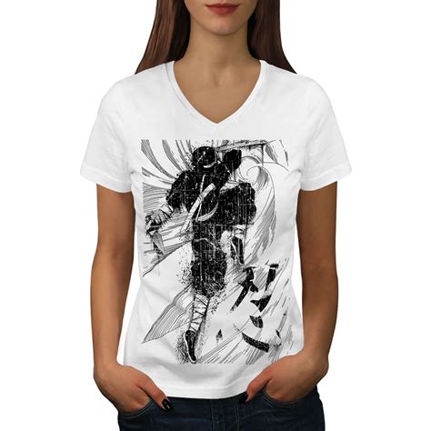 Wellcoda Anime Japan Art Womens V Neck T Shirt Battle Graphic Design