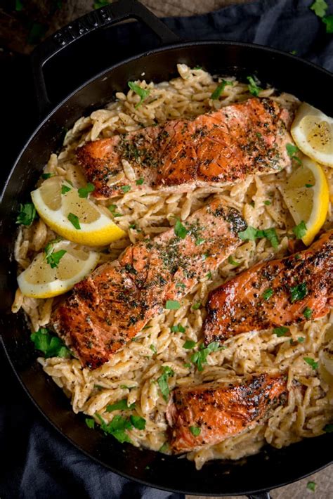 Pan Fried Salmon With Creamy Lemon Orzo Nicky S Kitchen Sanctuary