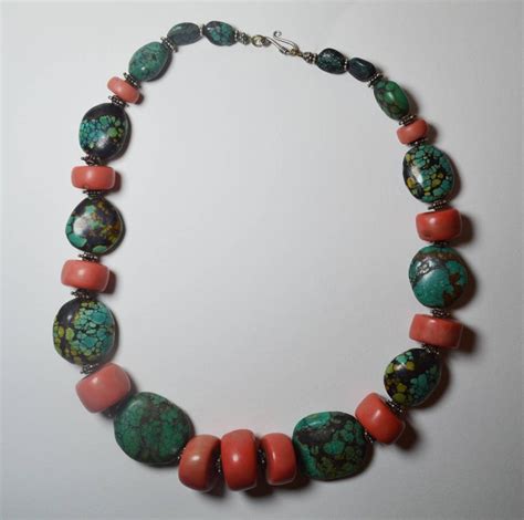 Fine Rare Antique Large Coral Bead And Turquoise Necklace Himalaya